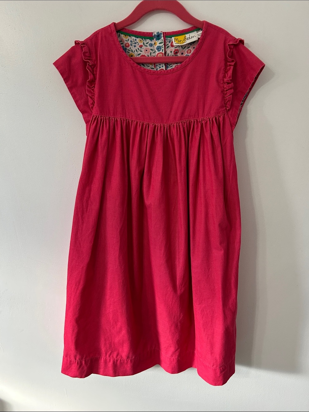Mini Boden Corduroy Dress Girls 11/12 Vibrant Pink Ruffle-Sleeve Easy Everyday